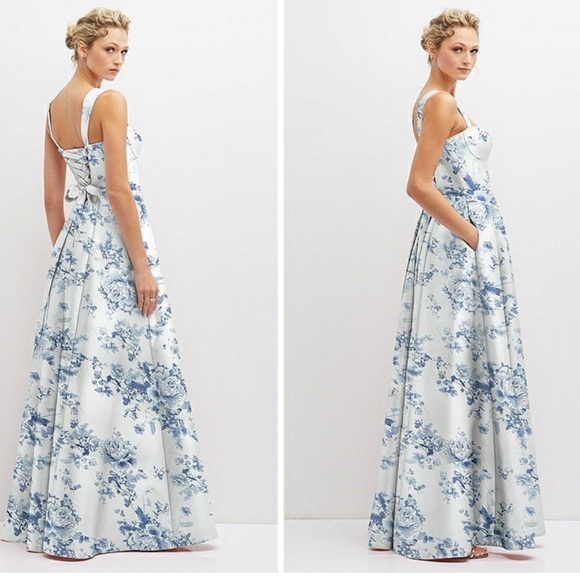 ALFRED SUNG Floral Lace-Up Back Satin Pockets Cottage Rose Larkspur Maxi Dress - Picture 2 of 13